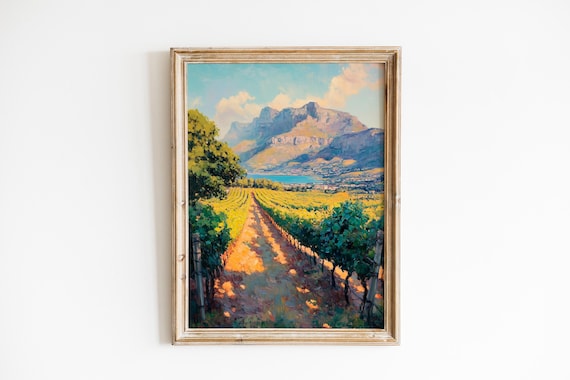 Sunlit Vineyard Rows with Distant Mountains Golden Countryside Poster