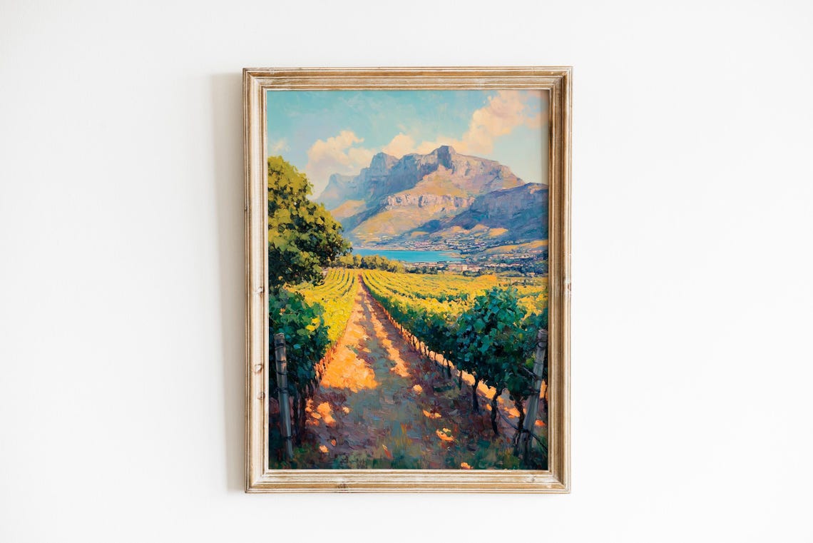 Sunlit Vineyard Rows with Distant Mountains Golden Countryside Poster