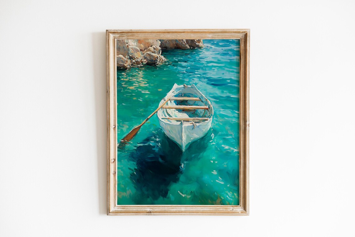 White Rowboat On Turquoise Water Impressionist Coastal Oil Painting Print