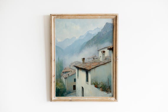 Moody Vintage Highland Village Print Rustic Mountain Scene Soft Misty Landscape Art Wall Decor 622