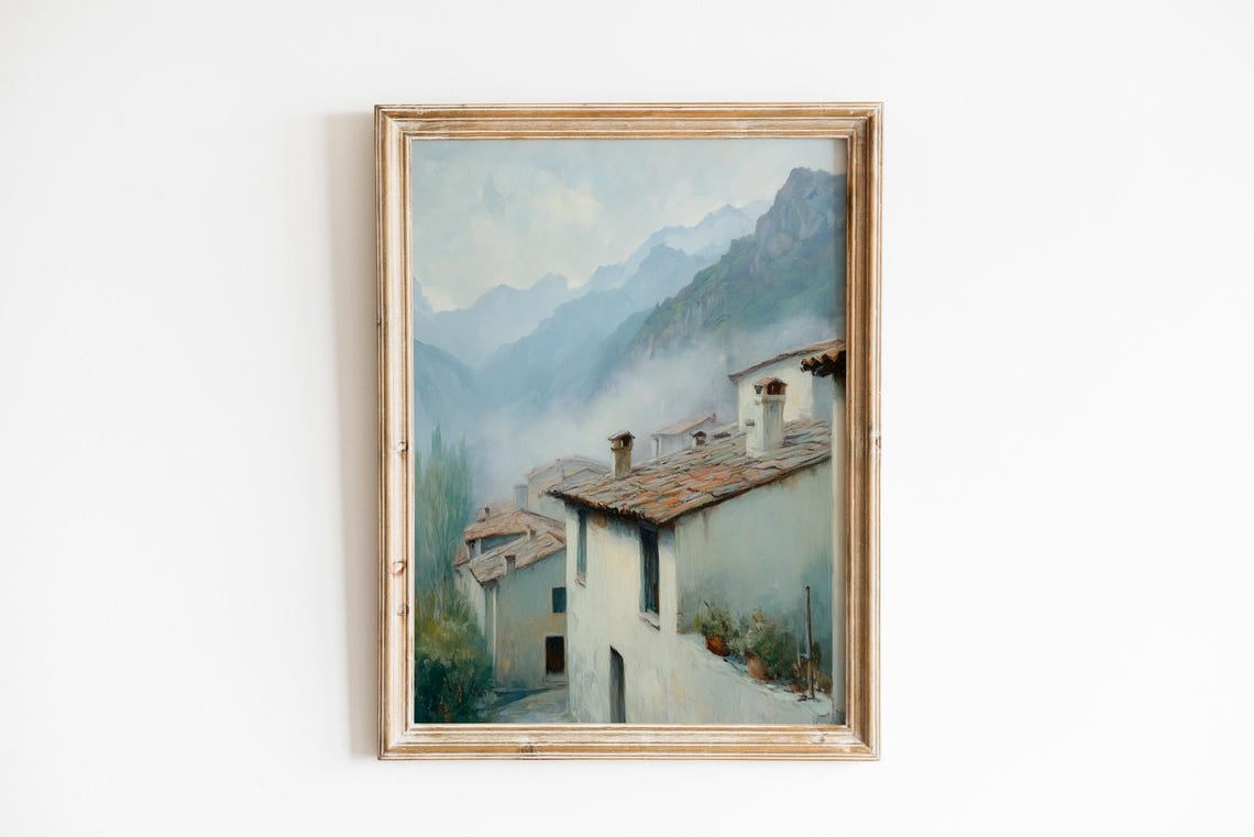 Moody Highland Village Misty Mountain Cottages Rustic Art Poster