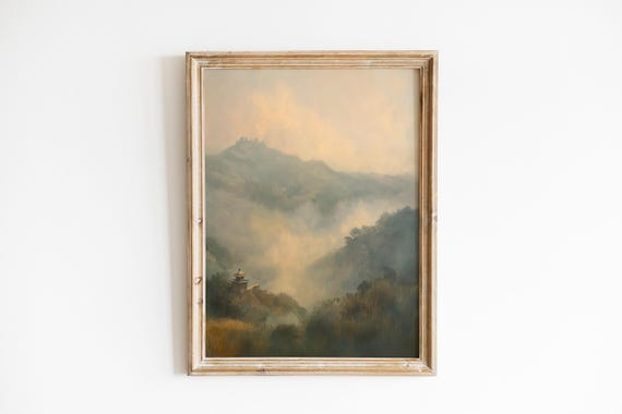 Moody Landscape Painting Vintage Temple And Bells In Misty Hills Serene Atmosphere Tranquil Wall Decor 885