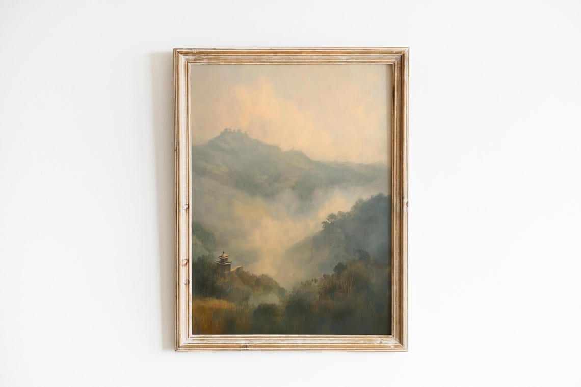 Misty Mountain Temple Sunrise Vintage Moody Landscape Art Poster