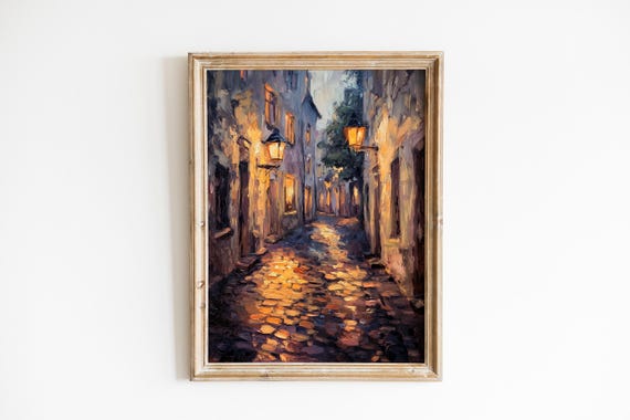Moody European Street Art Vintage Night Scene With Glowing Passage Rustic Cobblestone Alley Wall Decor 995