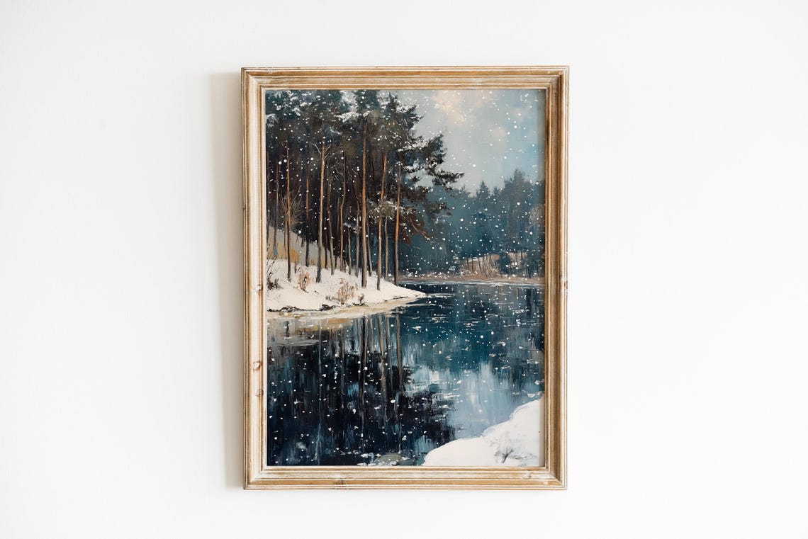 Snowy Winter Lake With Falling Snow and Tall Pines Reflections Poster