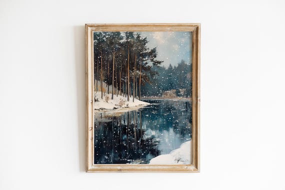 Moody Winter Lakescape Art Rustic Cabin Wall Decor Snowy Pine Reflection Serene Landscape Cozy Farmhouse 758