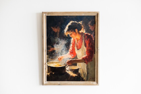 Rustic Farmhouse Kitchen Art Cozy Vintage Style Painting Farmers Wife Ladling Soup Warm Moody Light 1058