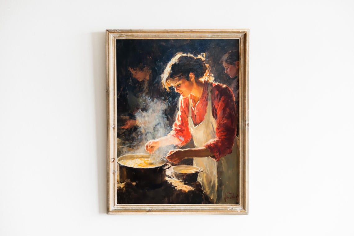 Farmhouse Kitchen Soup Pot Ladling Rustic Vintage Oil Painting Poster