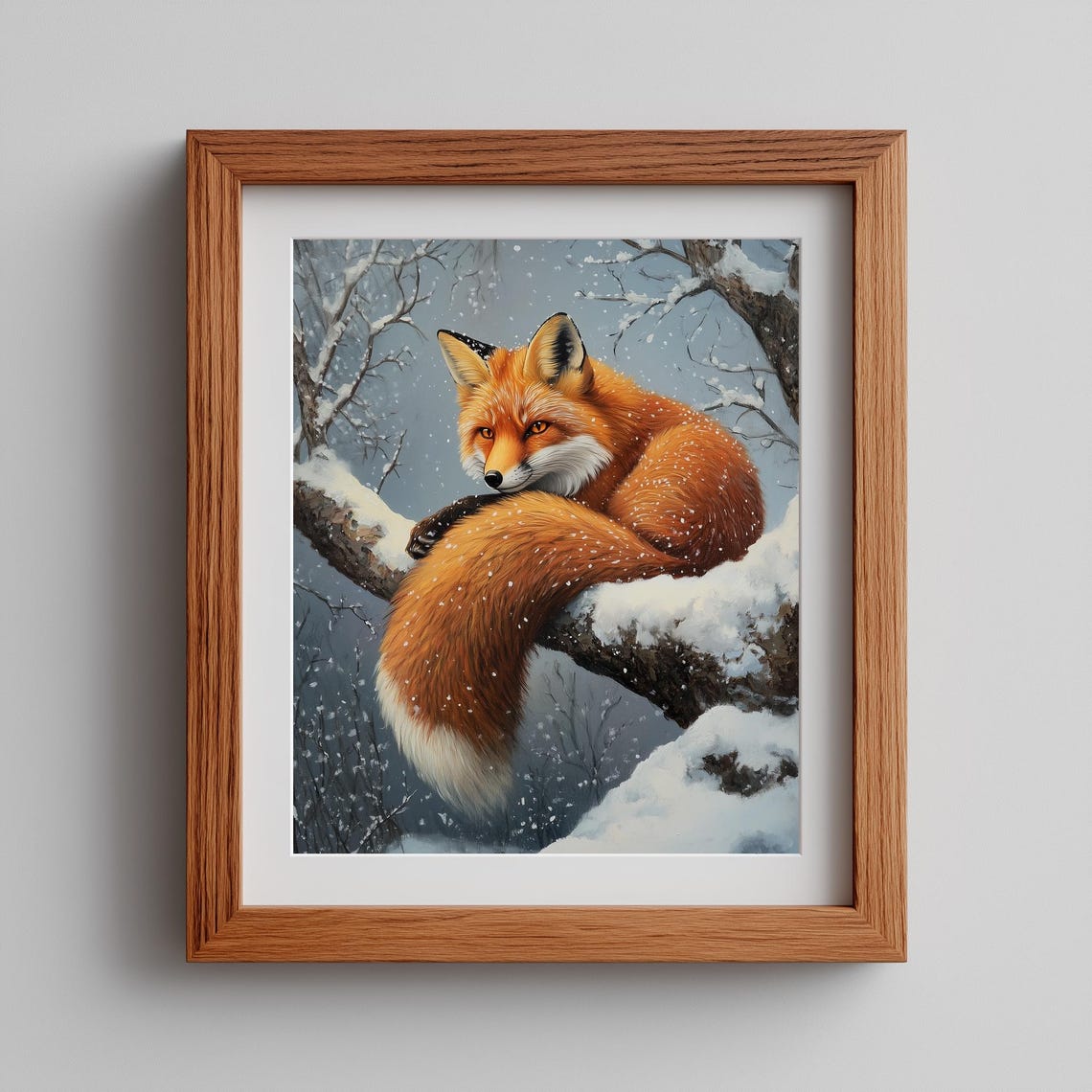 Red Fox Curled on Snowy Branch Winter Wildlife Painting Poster