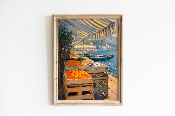Mediterranean Seaside Market With Crates Of Oranges Harbor View Poster