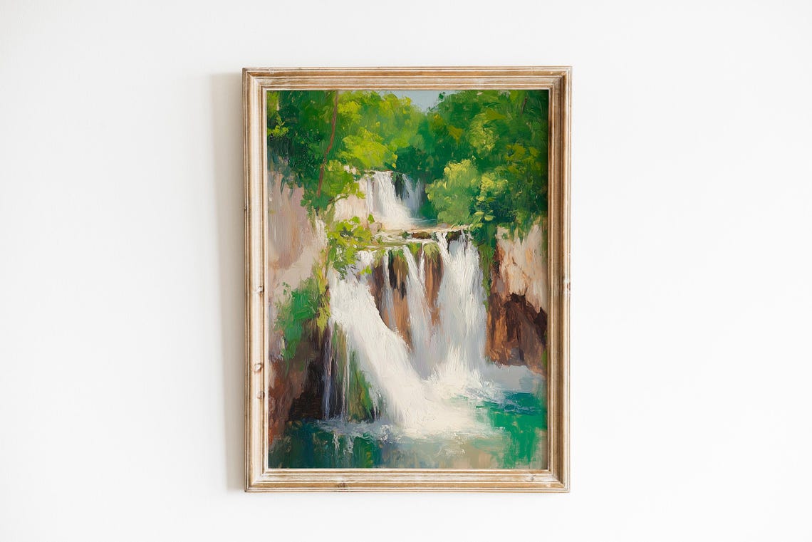Plitvice Lakes Cascading Waterfalls in Lush Green Forest Wall Art