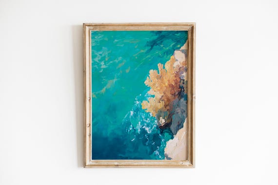 Coral Reef Scene In Turquoise Waters Vibrant Coastal Wall Art Serene Beachy Painterly Ocean Landscape 276