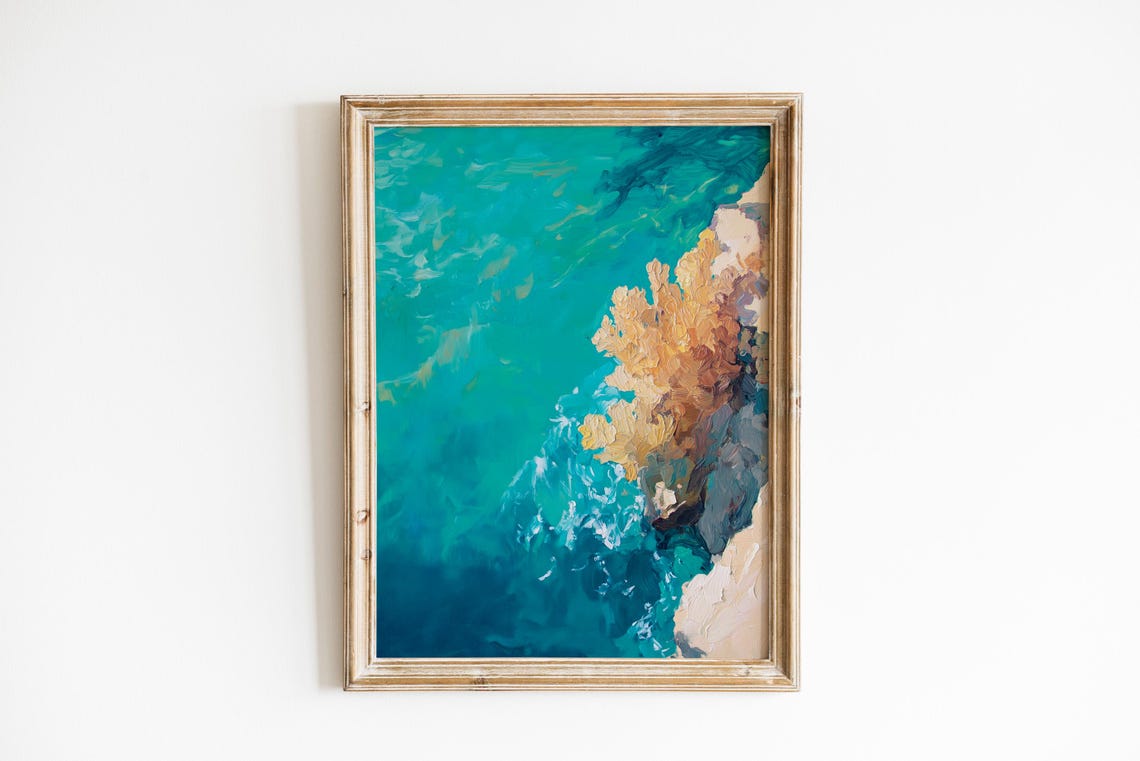 Turquoise Coral Reef Rocky Shore Vibrant Ocean Painting Wall Art