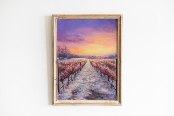 Frostcovered Vineyard Landscape Moody Winter Painting Serene Dawn Sky Rustic Vertical Wall Art 470