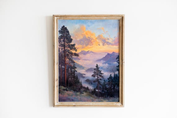 Serene Rustic Mountain Valley At Dawn Landscape Art Calming Nature Decor Atmospheric Lodge Wall 655