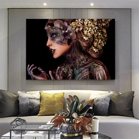 African Woman Black Canvas Wall Art Ethnic Painting Gold Print Modern Home Decor