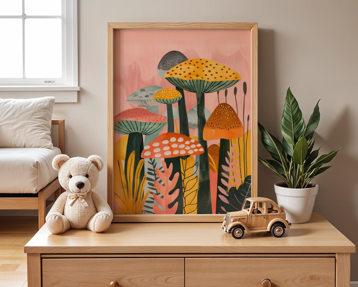 Whimsical Mushroom Forest Colorful Nursery Kids Room Art Wall Poster