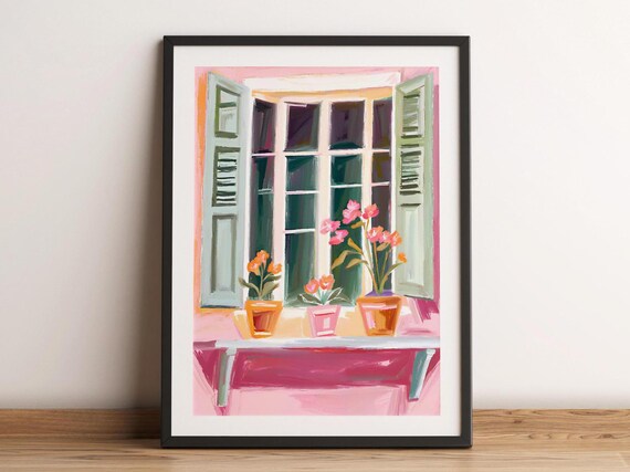 Flowers In Balcony Art Neutral Green Pink Home Decor Botanical Floral Wall Print Pastel Watercolor