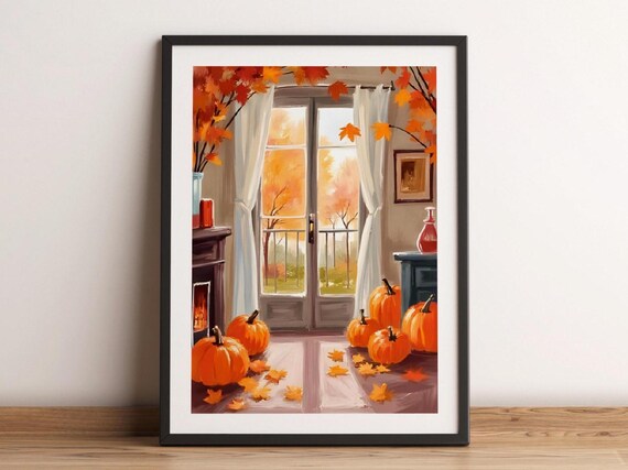 Fall View Pumpkins Window Halloween Watercolor Painting Cozy Wall Print Autumn Whimsical Haunted Home Decor
