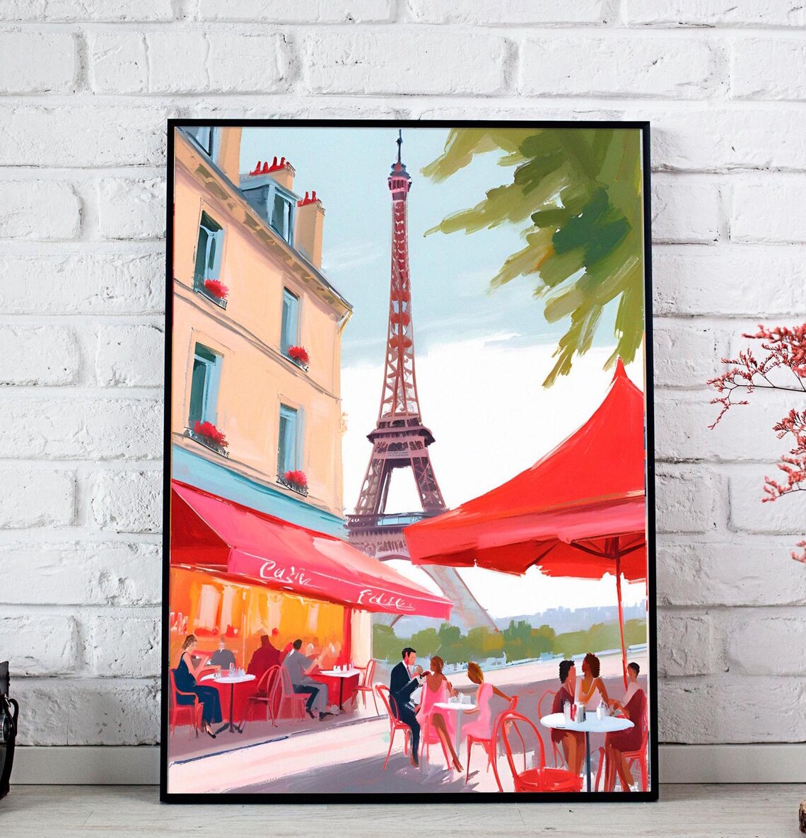 Paris Cafe Eiffel Tower Red Awnings Street Scene Watercolor Poster