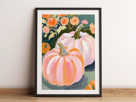 Pastel Pink Pumpkin Wall Art Halloween Painting Cozy Fall Print Home Decor Autumn Soft Watercolor Room