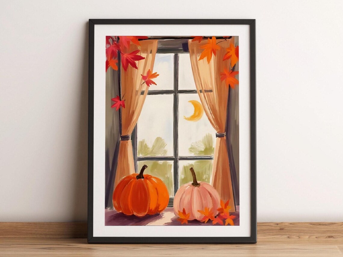Pumpkin Fall View Window Halloween Watercolor Print