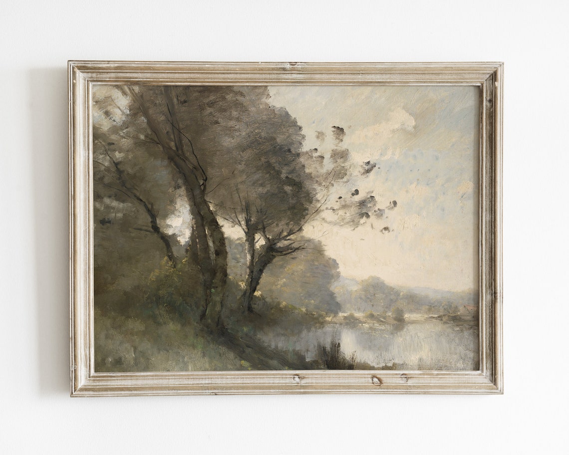 Vintage Neutral Landscape Painting Warm Tone Wall Decor Landscape Wall Art Print Oil Painting Vintage French Country Wall Decor