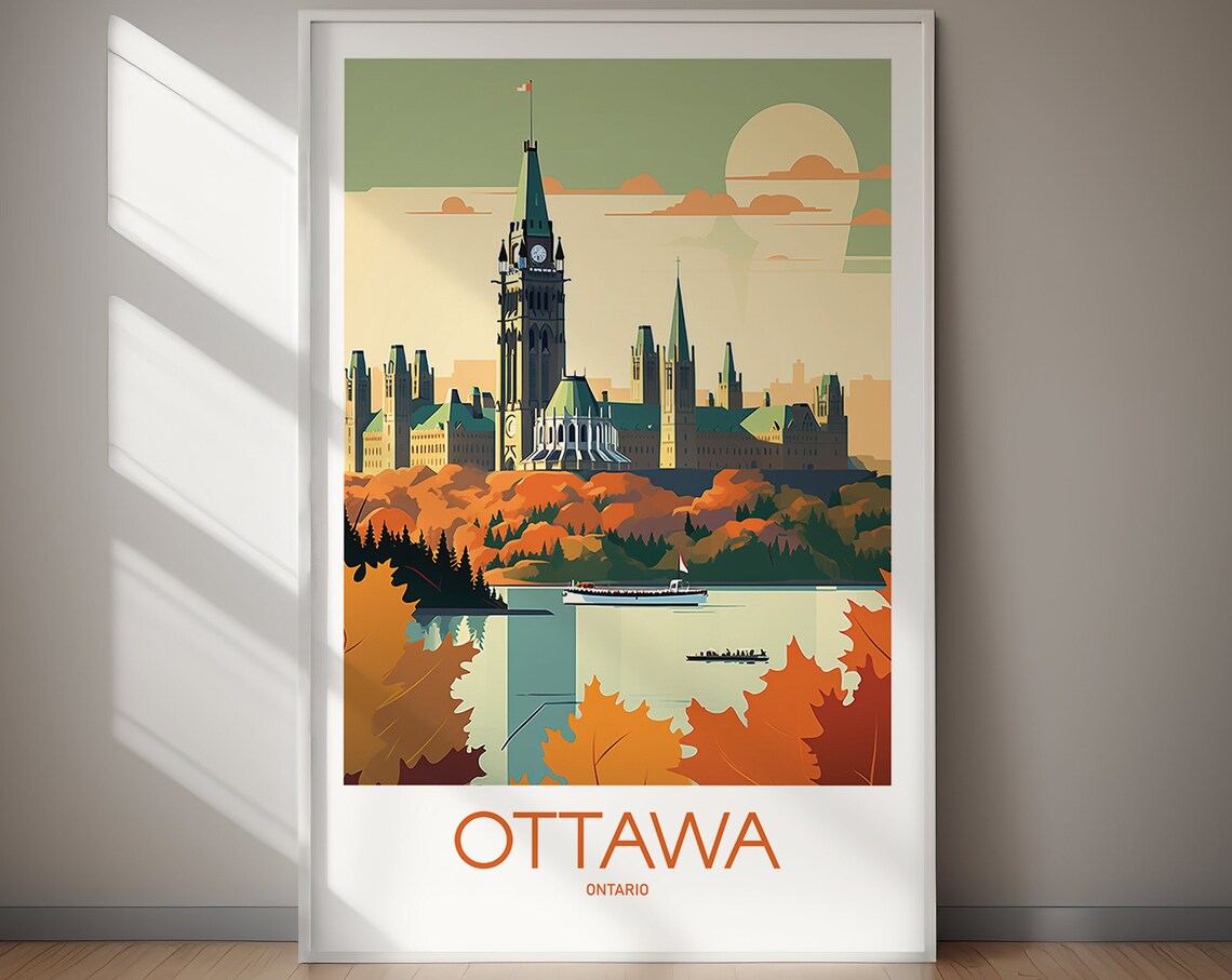Ottawa Ontario Parliament Hill Autumn River Vintage Travel Poster