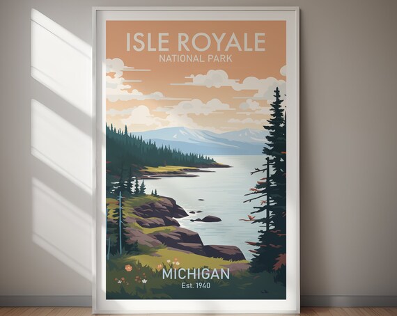 Isle Royale National Park Lake Shore Retro Travel Poster Michigan Art