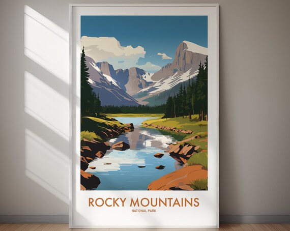 Rocky Mountains National Park Vintage Snowy Peaks Stream Poster