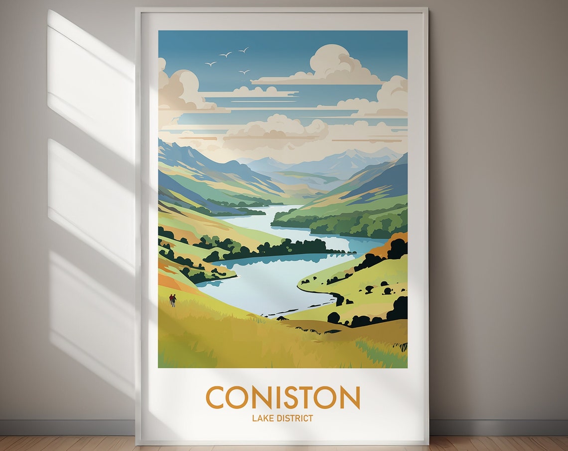 Coniston Lake District Fell Lake Hikers Vintage Travel Poster