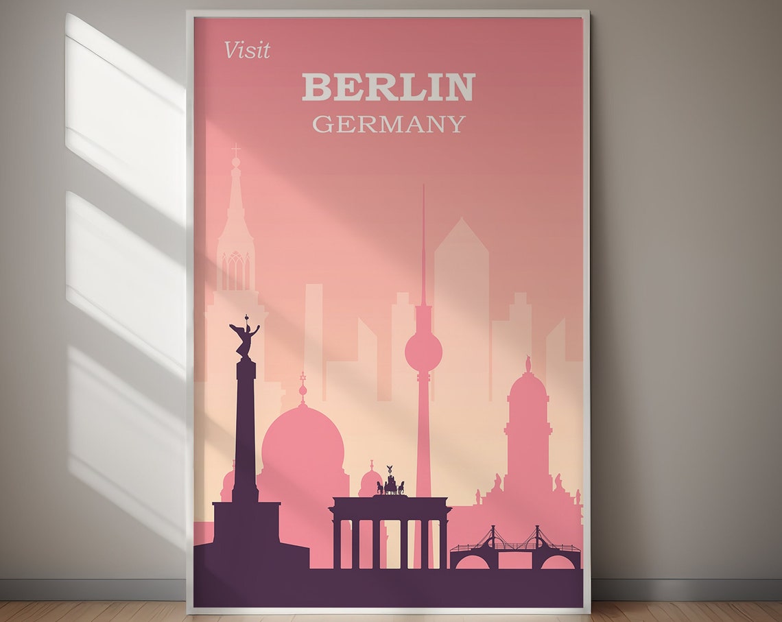 Visit Berlin Germany Pink City Skyline Dreamy Sunset Travel Poster