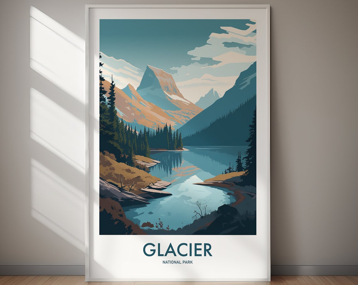 Glacier National Park Vintage Mountain Lake Reflection Poster