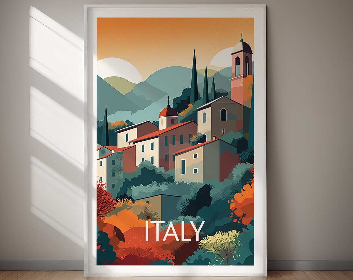Italy Hillside Village Church Cypress Autumn Vintage Travel Poster - Image 2