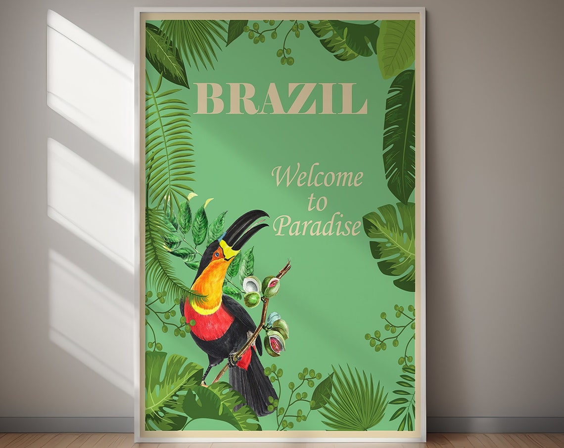 Brazil Welcome to Paradise Toucan Tropical Jungle Leaf Poster