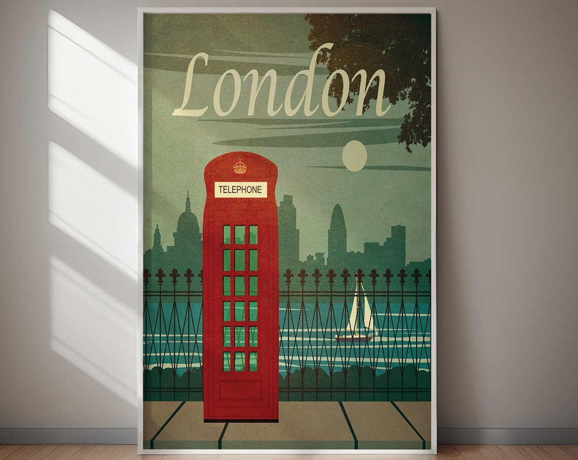London Red Telephone Booth City Skyline Moonlit Retro Poster