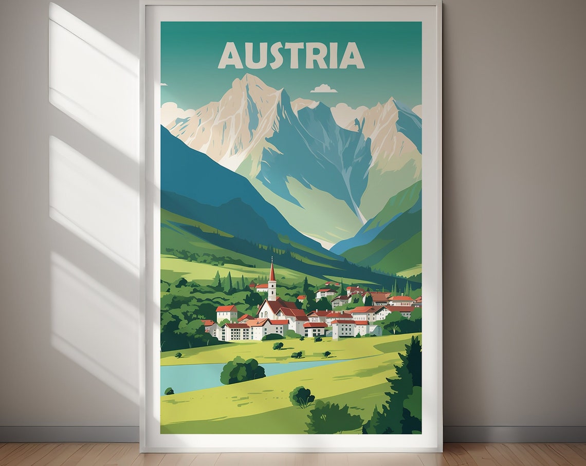 Austria Alpine Village Mountain Valley Retro Style Travel Poster - Image 2
