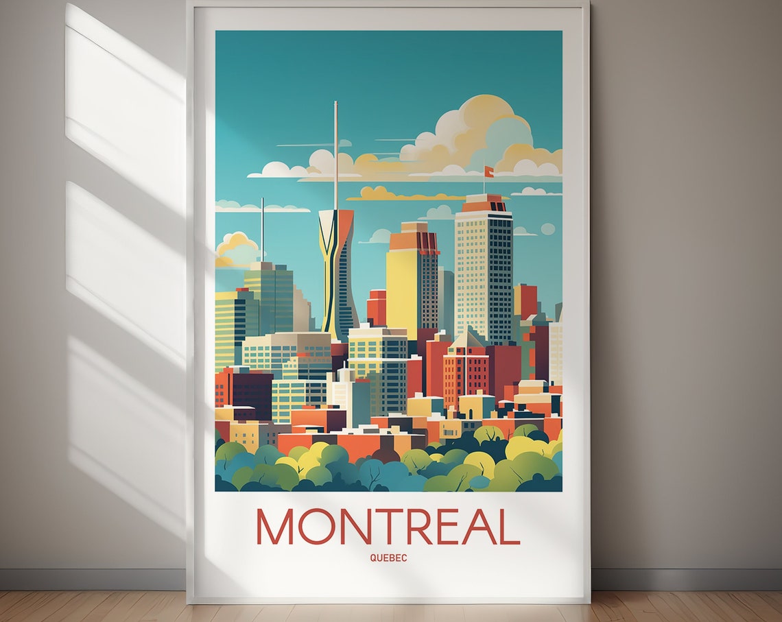 Montreal Quebec Colorful Downtown Skyline Retro Travel Poster
