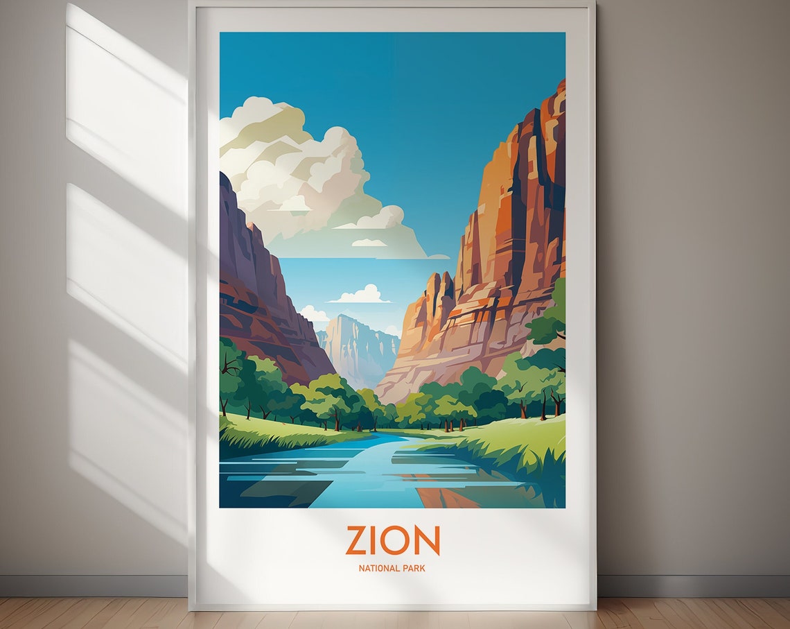 Zion National Park Vintage Canyon River Cliffs Scenic Poster