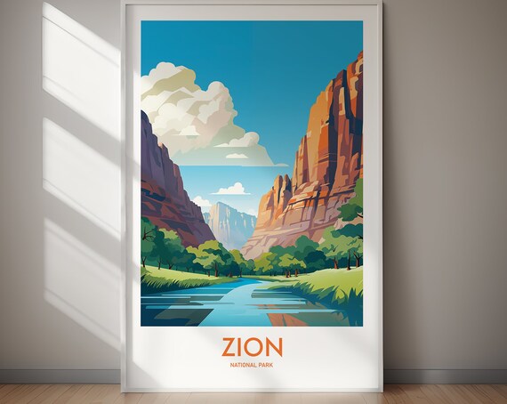 Zion National Park Vintage Canyon River Cliffs Scenic Poster