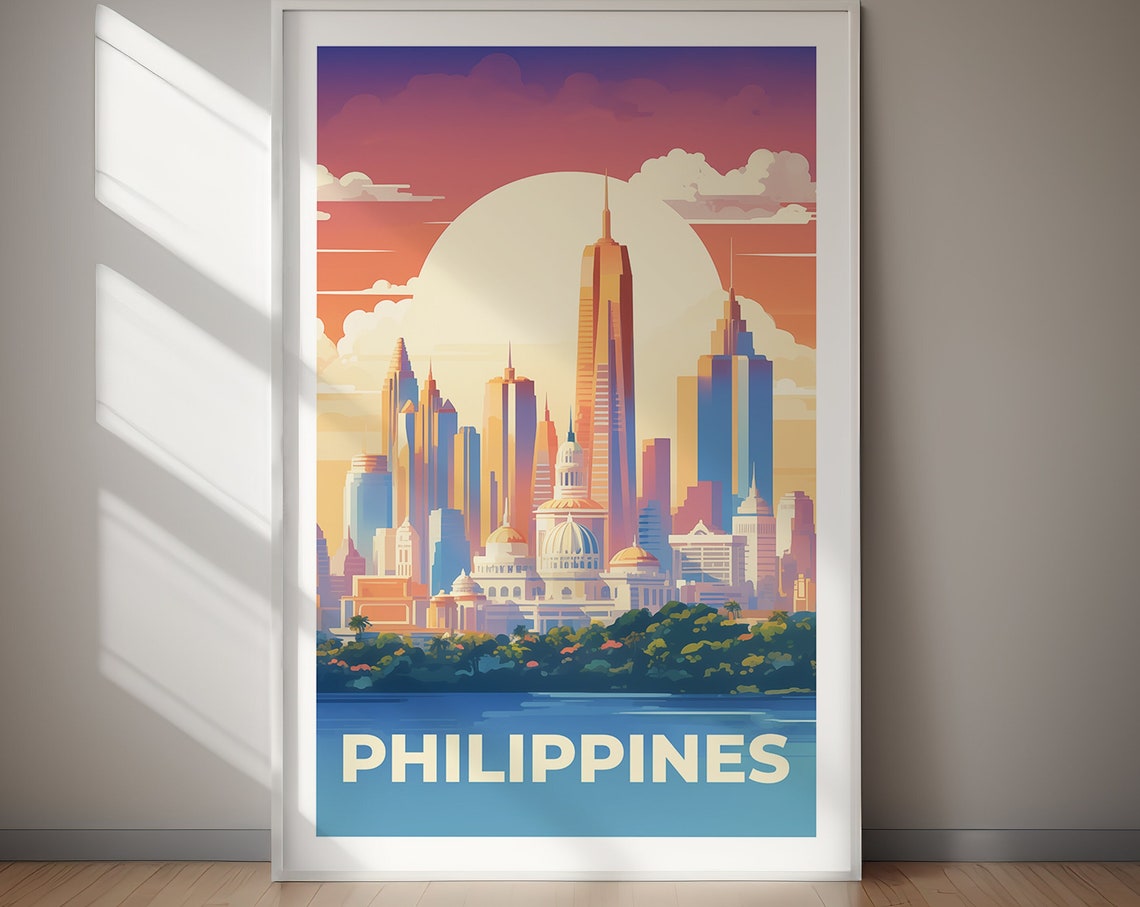 Philippines Glowing Sunset Skyline Waterfront Vintage Travel Poster - Image 2