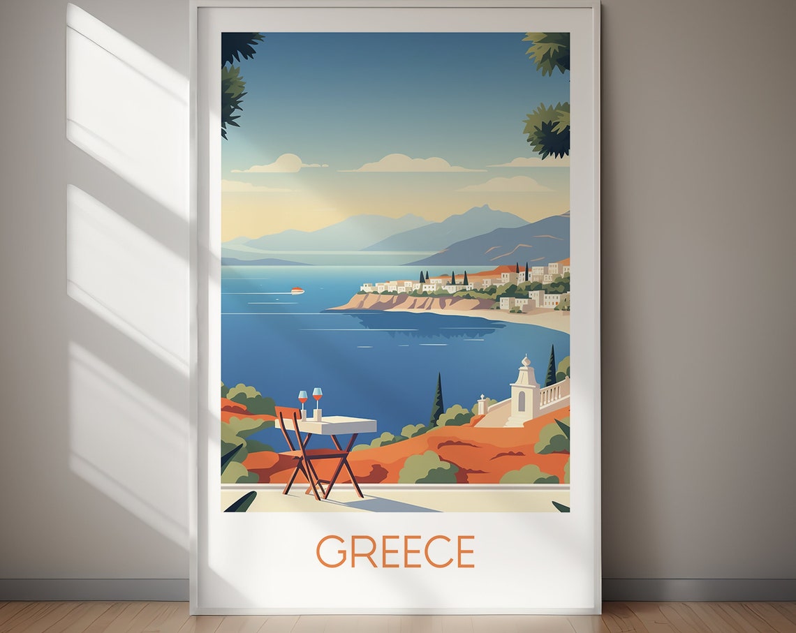Greece Seaside Terrace Wine Blue Bay Aegean Vintage Travel Poster
