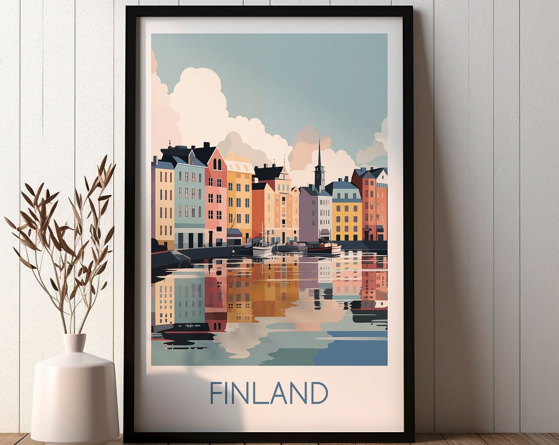 Finland Colorful Waterfront Houses Mirror Reflection Travel Poster - Image 2