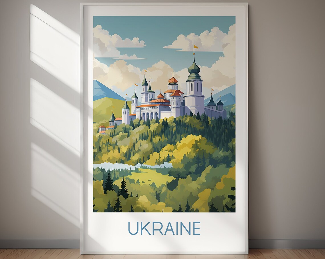 Ukraine Hilltop Fortress Domes Forest Scenic Vintage Travel Poster - Image 2