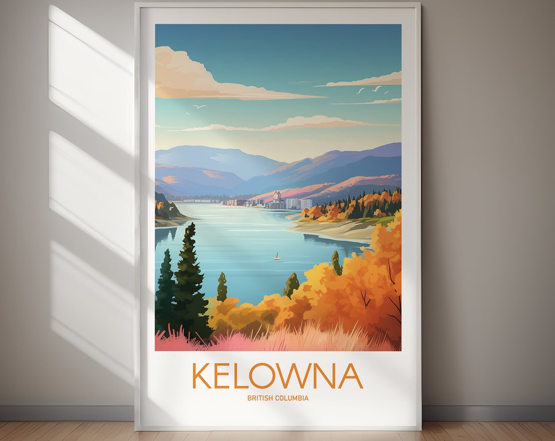Kelowna British Columbia Lake Mountain Fall Retro Travel Poster