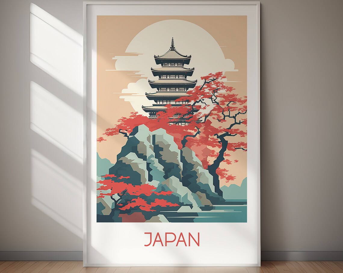 Japan Five Story Pagoda Red Maple Autumn Bold Travel Art Poster