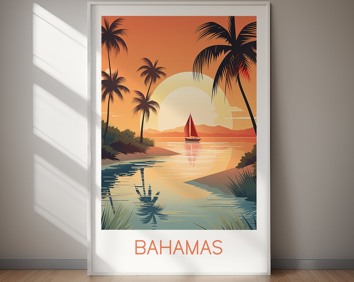 Bahamas Tropical Palm Trees Sailboat Lagoon Sunset Travel Poster - Image 2