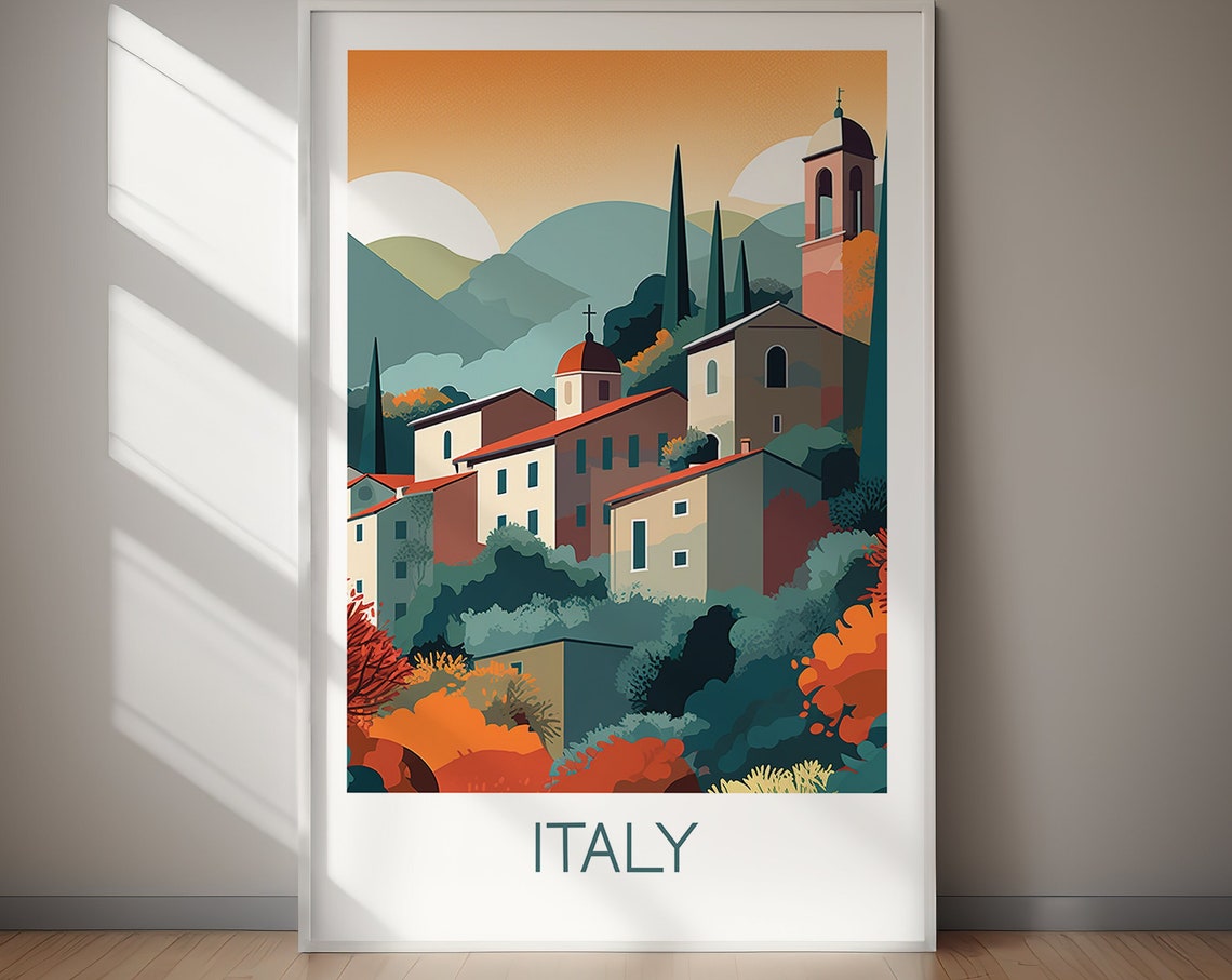 Italy Tuscan Hill Village Bell Towers Cypress Sunset Travel Poster - Image 2