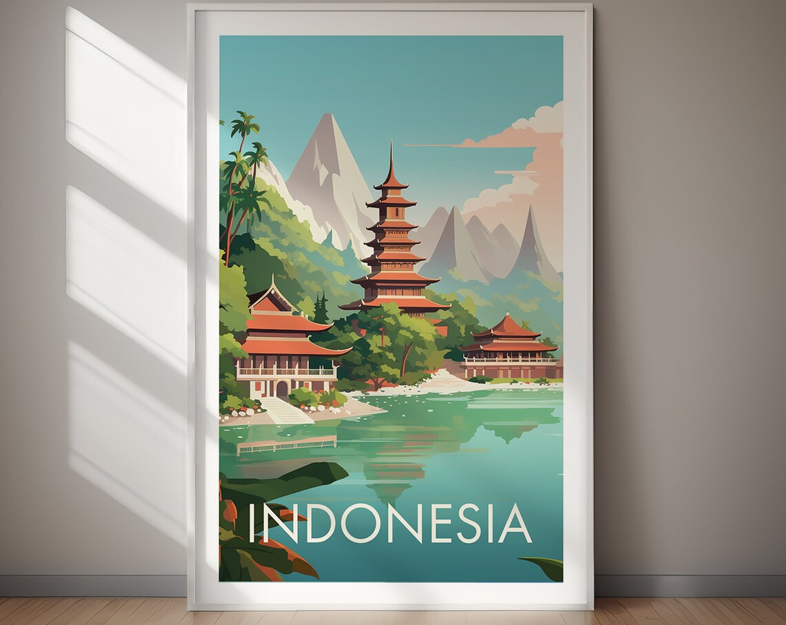 Indonesia Temple Pagoda Lake Mountain Tropical Travel Poster - Image 2
