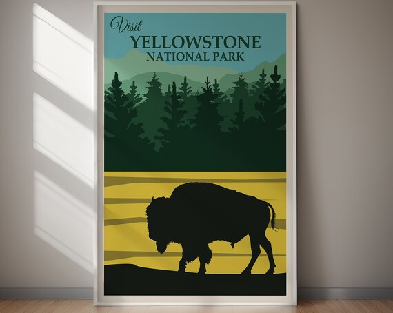 Visit Yellowstone National Park Bison Pine Forest Vintage Poster